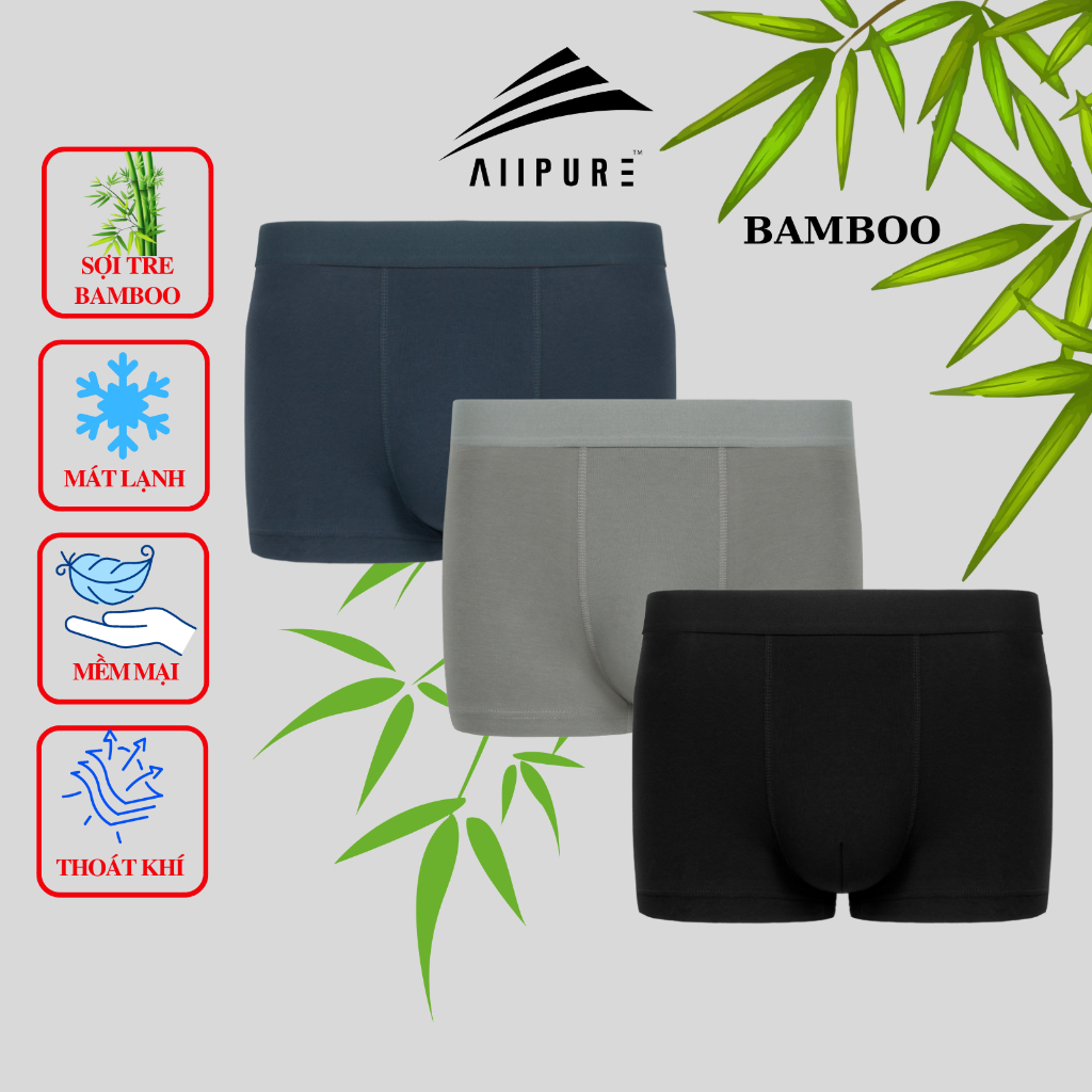 Combo 03 quần lót nam trunk bamboo ALLPURE kháng khuẩn xanh-đen-xám