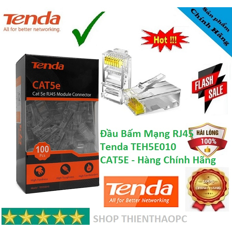 Đầu RJ45 CAT5e Ten da TEH5E010 Hộp 100 Hạt , Hàng Chính Hãng Tenda