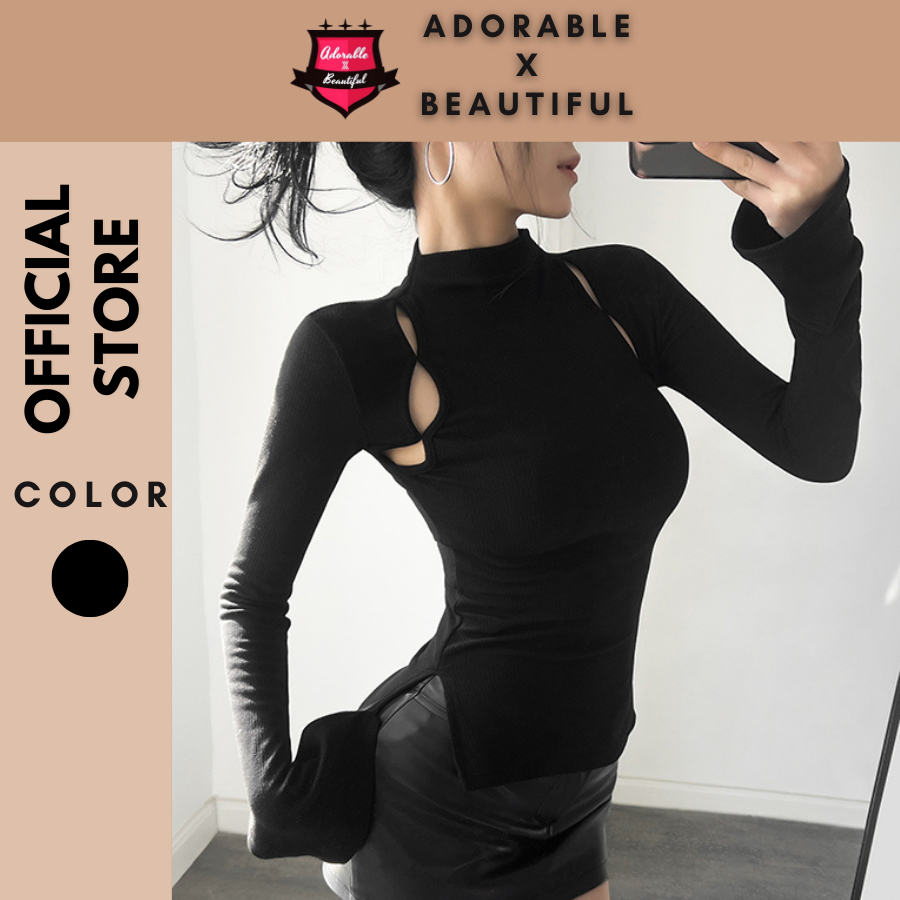 Áo Thun Nữ Tay Dài Đen Họa Tiết Cut Out Freesize, Áo Top Dài Tay Co Giãn Trendy Ulzzang [AdorablexBeautiful]