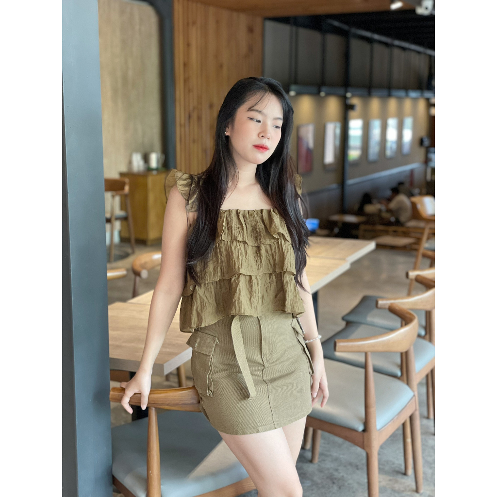 Chân Váy Ngắn Chữ A IKAO STATION Chân Váy Kaki Túi Hộp Cạp Cao Cá Tính Thời Trang