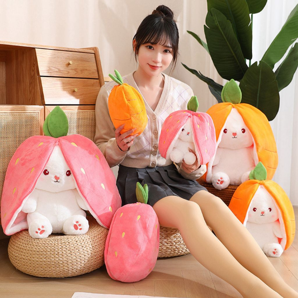 Gấu bông thỏ dâu tai dài cà rốt 30 - 40cm 2 trong 1 trắng mini cute dễ thương cho bé EDA'S HOUSE