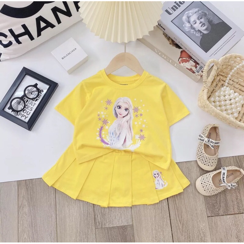 Set váy bé gái cộc tay size 10 - 20kg, chất cotton mềm mát, in hình Elsa dễ thương