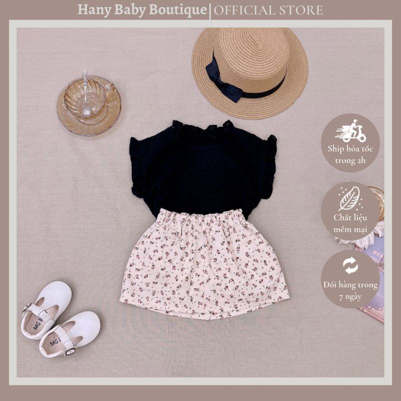 Set Áo Đen Thô Boi + Chân Váy Hoa Linen