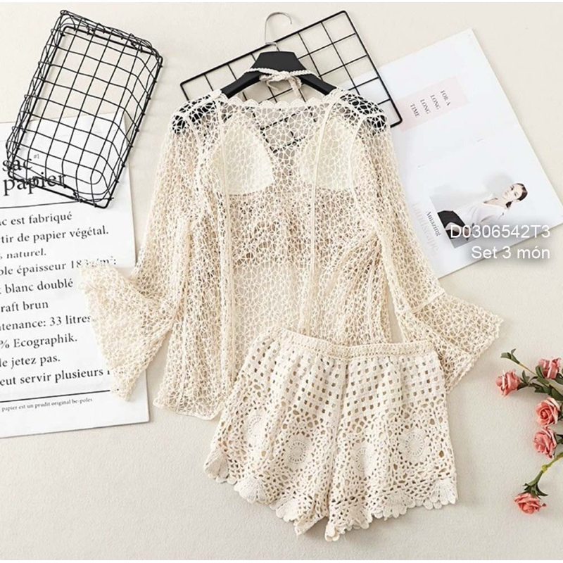 Set đi biển 3 món áo khoác ren lưới tay dài loe áo bra dây lai phối tua rua kèm quần short ren!