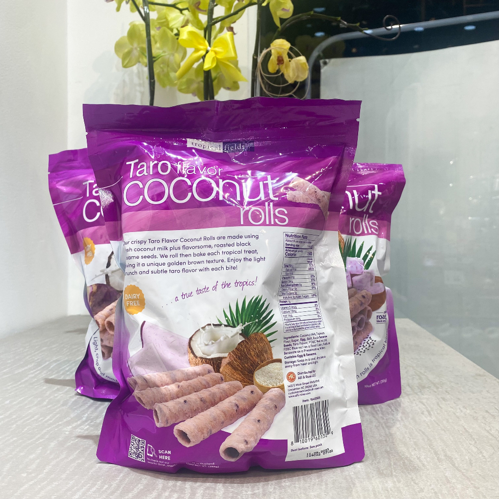 BÁNH QUẾ DỪA MÈ ĐEN VỊ KHOAI MÔN TROPICAL FIELDS TARO FLAVORED COCONUT ROLLS 285g