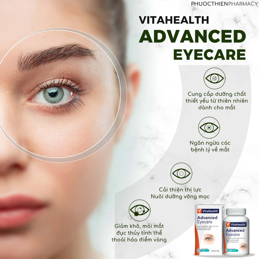 Viên uống bổ mắt, sáng mắt, tăng thị lực của Mỹ VitaHealth Advanced Eyecare 30 viên Vitamin cho mắt Eye Care