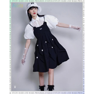  Set đầm babydoll váy 2 dây váy hè nữ Áo Sơ Mi Trắng Tay Phồng Mẫu Mới Mùa Hè+Bộ Váy Hai Dây Màu Đen 