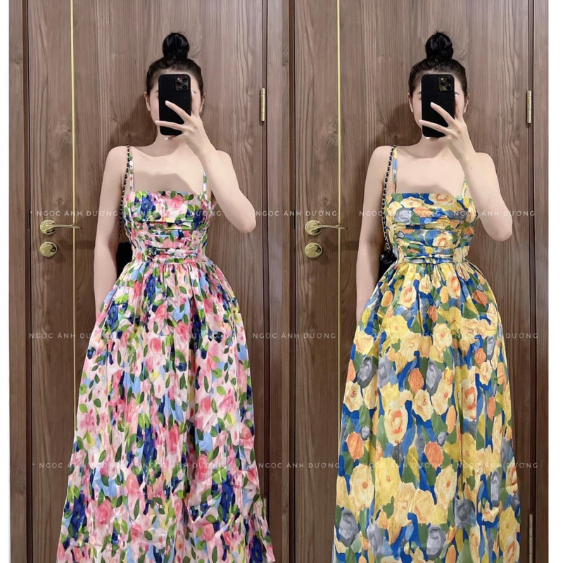 Váy 2 Dây Hoa Thô Ly Ngực Chun Sau Dáng Xoè Dài 2 Màu