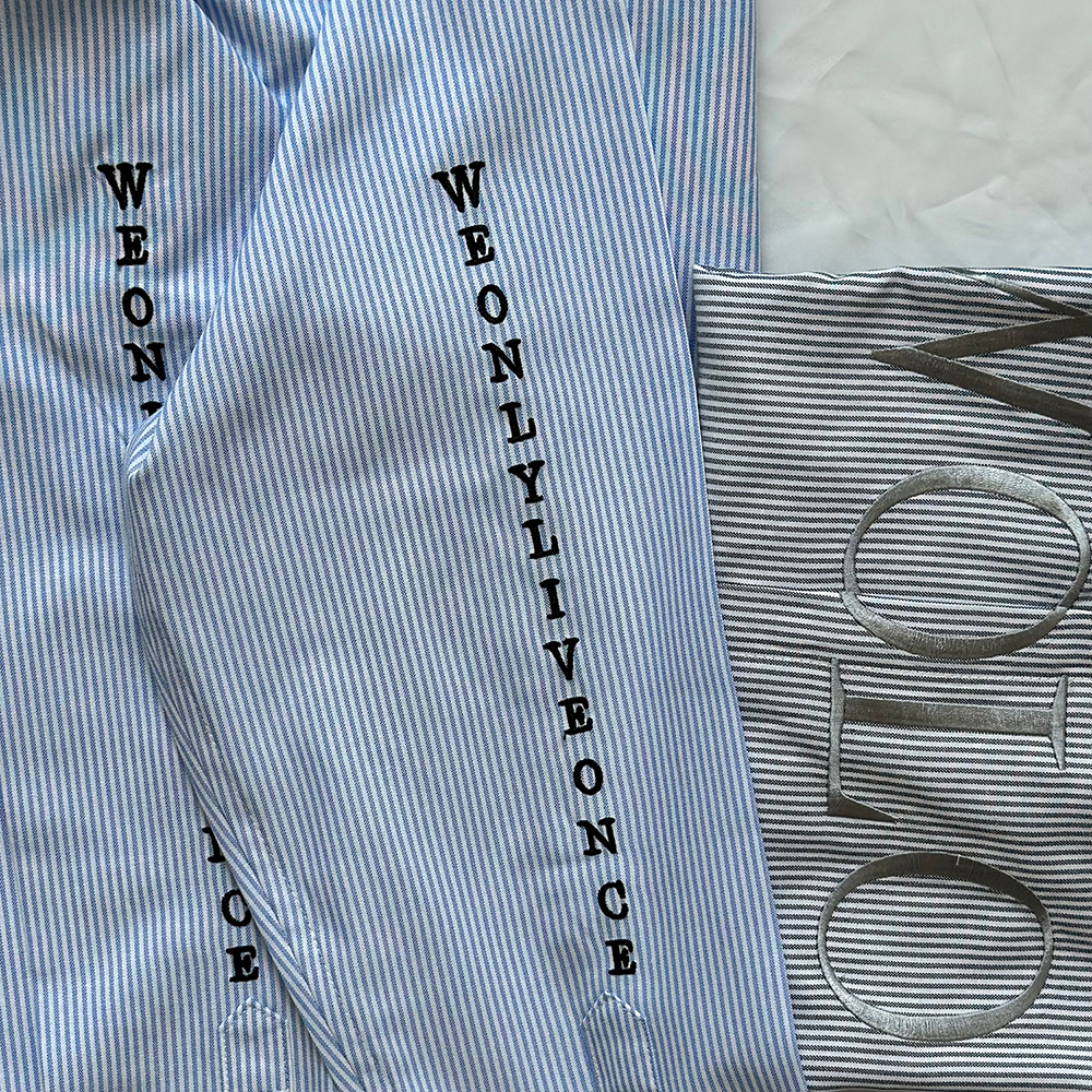 Áo sơ mi WOLO we only live one URLYS oxford thêu chỉ bạc, sọc kẻ xanh đen thêu chữ nam nữ unisex form rộng hàn quốc