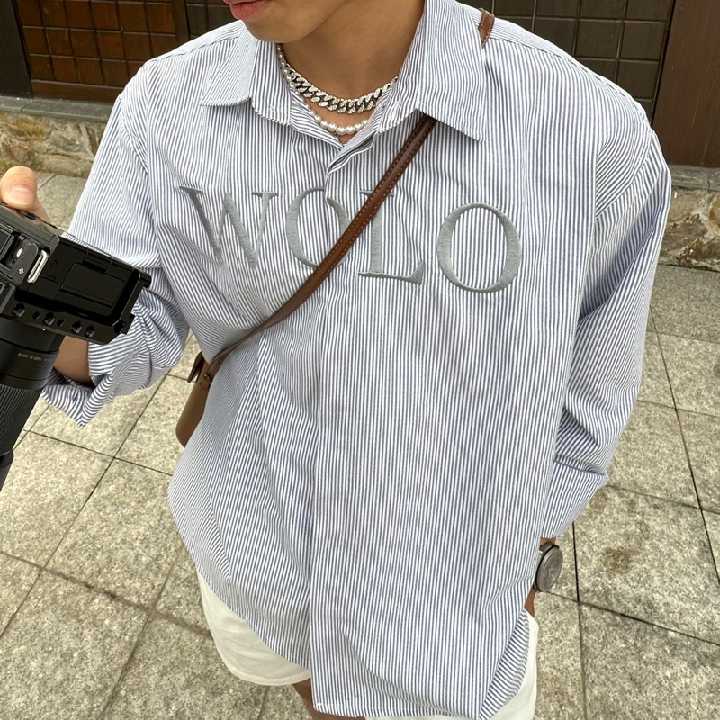 Áo sơ mi WOLO we only live one URLYS oxford thêu chỉ bạc, sọc kẻ xanh đen thêu chữ nam nữ unisex form rộng hàn quốc