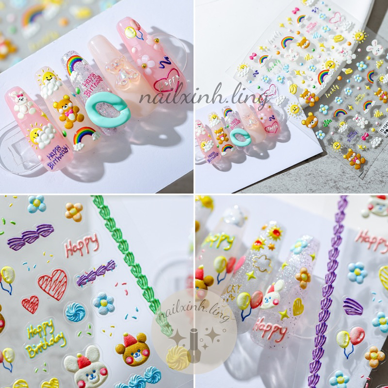 Miếng Dán Móng Tay In Nổi 5D Hình Gấu Thỏ Vịt Tone Vàng Hồng - Hình Dán Sticker Gắn Nail Tensor Pro