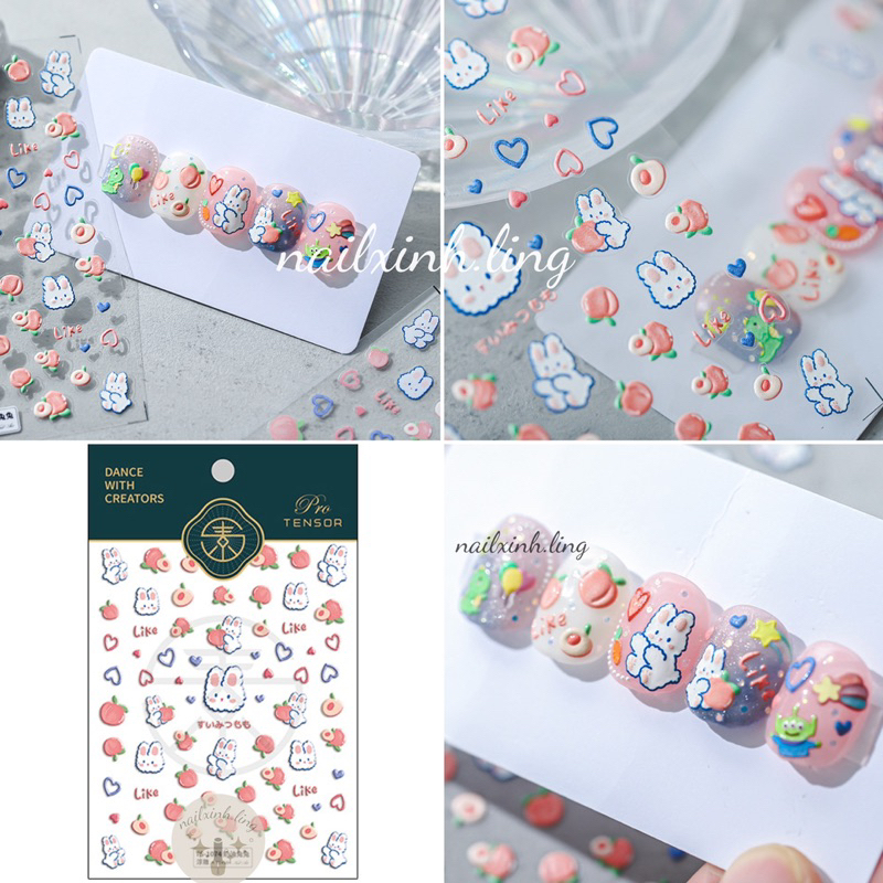Miếng Dán Móng Tay In Nổi 5D Hình Gấu Thỏ Vịt Tone Vàng Hồng - Hình Dán Sticker Gắn Nail Tensor Pro