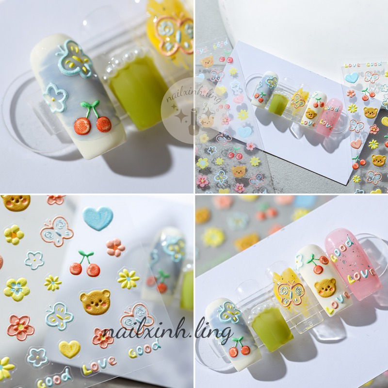 Miếng Dán Móng Tay In Nổi 5D Hình Gấu Thỏ Vịt Tone Vàng Hồng - Hình Dán Sticker Gắn Nail Tensor Pro