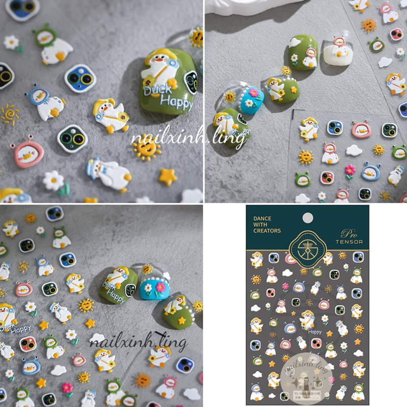 Miếng Dán Móng Tay In Nổi 5D Hình Gấu Thỏ Vịt Tone Vàng Hồng - Hình Dán Sticker Gắn Nail Tensor Pro