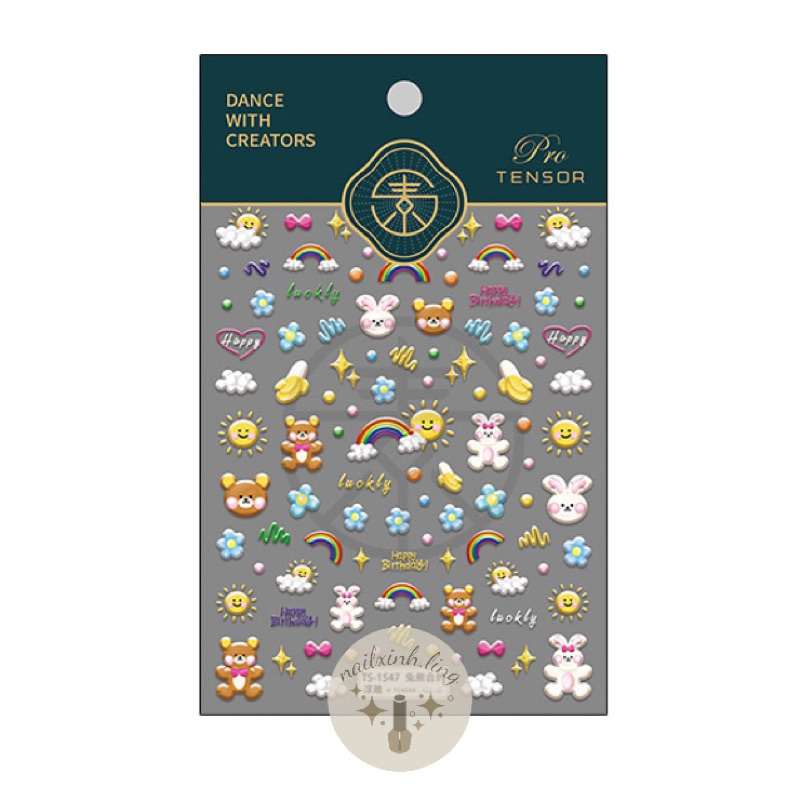 Miếng Dán Móng Tay In Nổi 5D Hình Gấu Thỏ Vịt Tone Vàng Hồng - Hình Dán Sticker Gắn Nail Tensor Pro