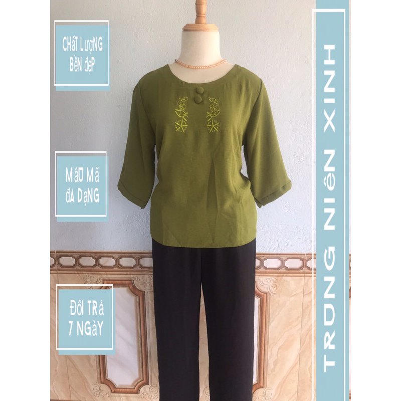Bộ đồ trung niên- Bộ đũi thêu cúc ngực cho mẹ, bà