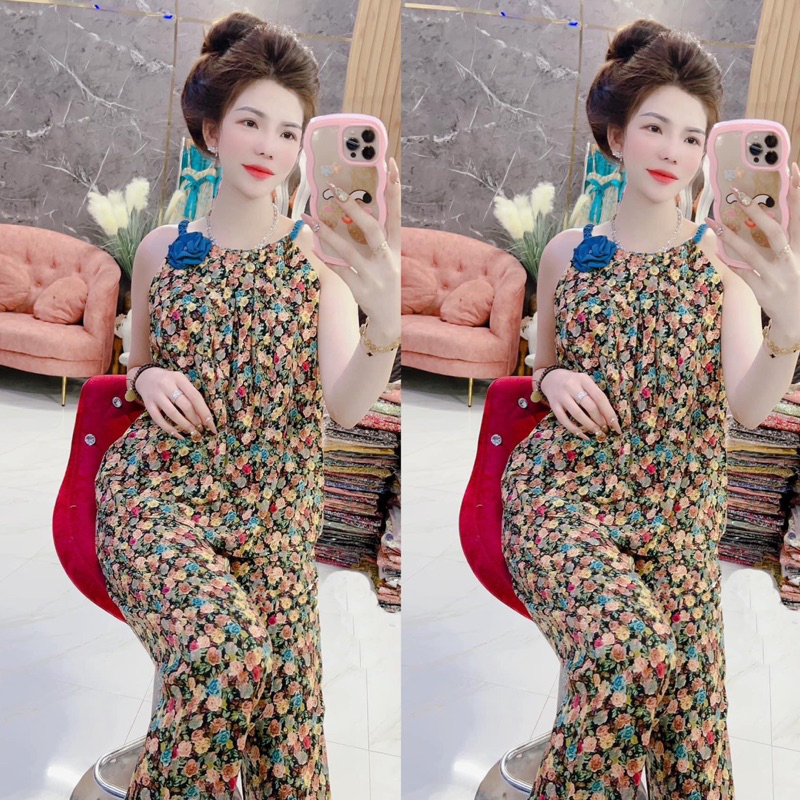 set đồ bộ nữ mặc nhà áo yếm đính hoa kết bính dễ thương