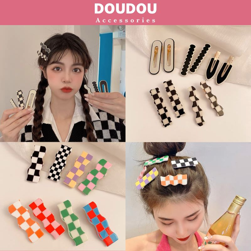 Phụ kiện tóc Doudou Cặp tóc Kẹp tóc mái nữ hoạ tiết bàn cờ caro trắng đen phong cách Hàn Quốc thời trang FJ009