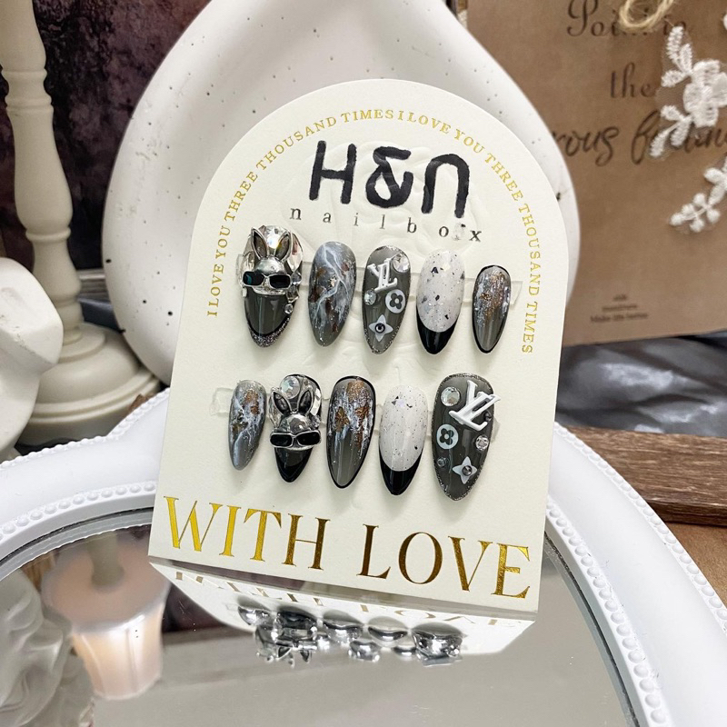 Nailbox Nail box Móng úp thiết kế vân đá đen ( nhắn tin cho shop để đo sz móng)