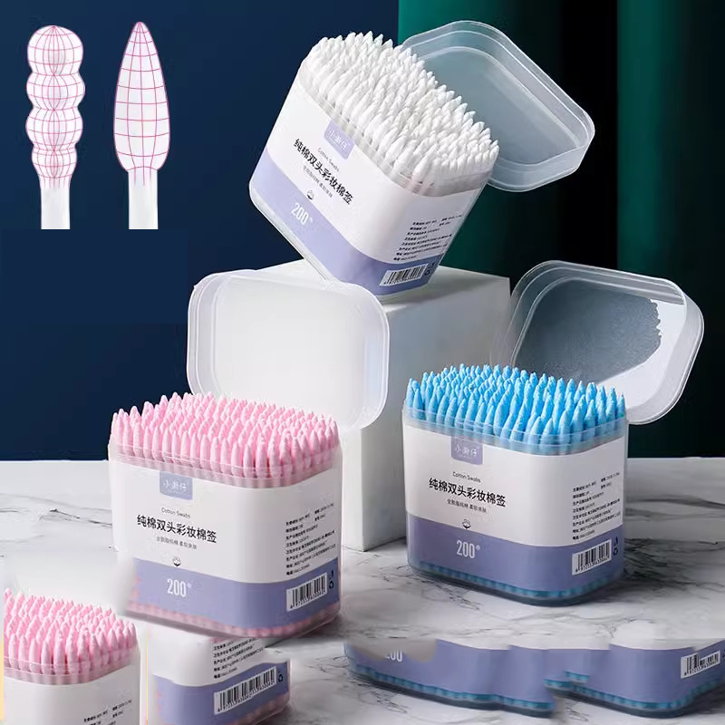 Bông Ngoáy Tai, Tăm Bông Ngoáy Tai Hộp 200 Que Kháng Khuẩn 2 Đầu Dẹt Tròn Vệ Sinh Tai, Mũi, Lấy Ráy Tai An Toàn