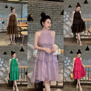 Váy đũi tơ cổ yếm bèo tầng, váy đũi xuông chữ A