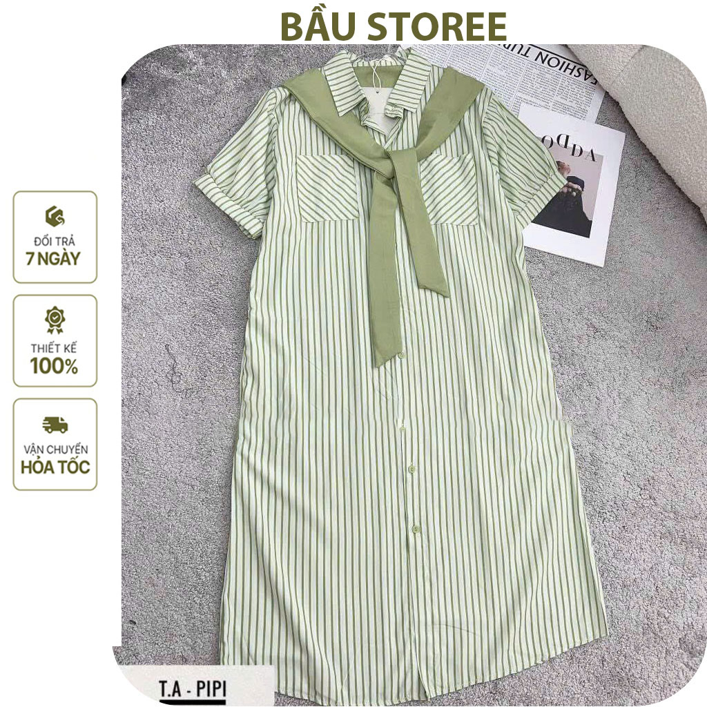 VÁY ĐẦM BẦU CÔNG SỞ MÙA HÈ-ĐẦM BẦU THIẾT KẾ BABYDOLL KẺ CỔ SƠ MI CÁCH ĐIỆU KÈM KHĂN XINH XẮN