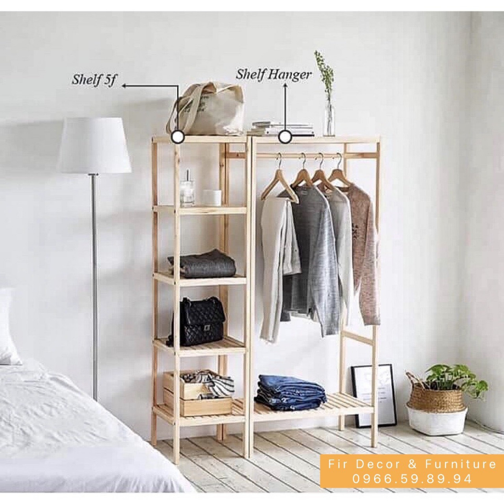 COMBO KỆ TREO QUẦN ÁO VÀ KỆ VUÔNG 5 TẦNG KIỂU HÀN QUỐC - MÀU GỖ TỰ NHIÊN