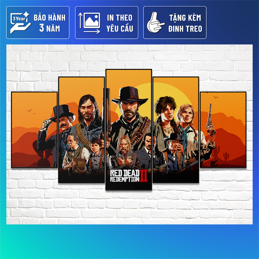 Bộ 5 Tranh treo tường game RED DEAD REDEMPTION 2 kèm khung composite VIRTY Tranh Canvas decor phòng ngủ, phòng làm việc