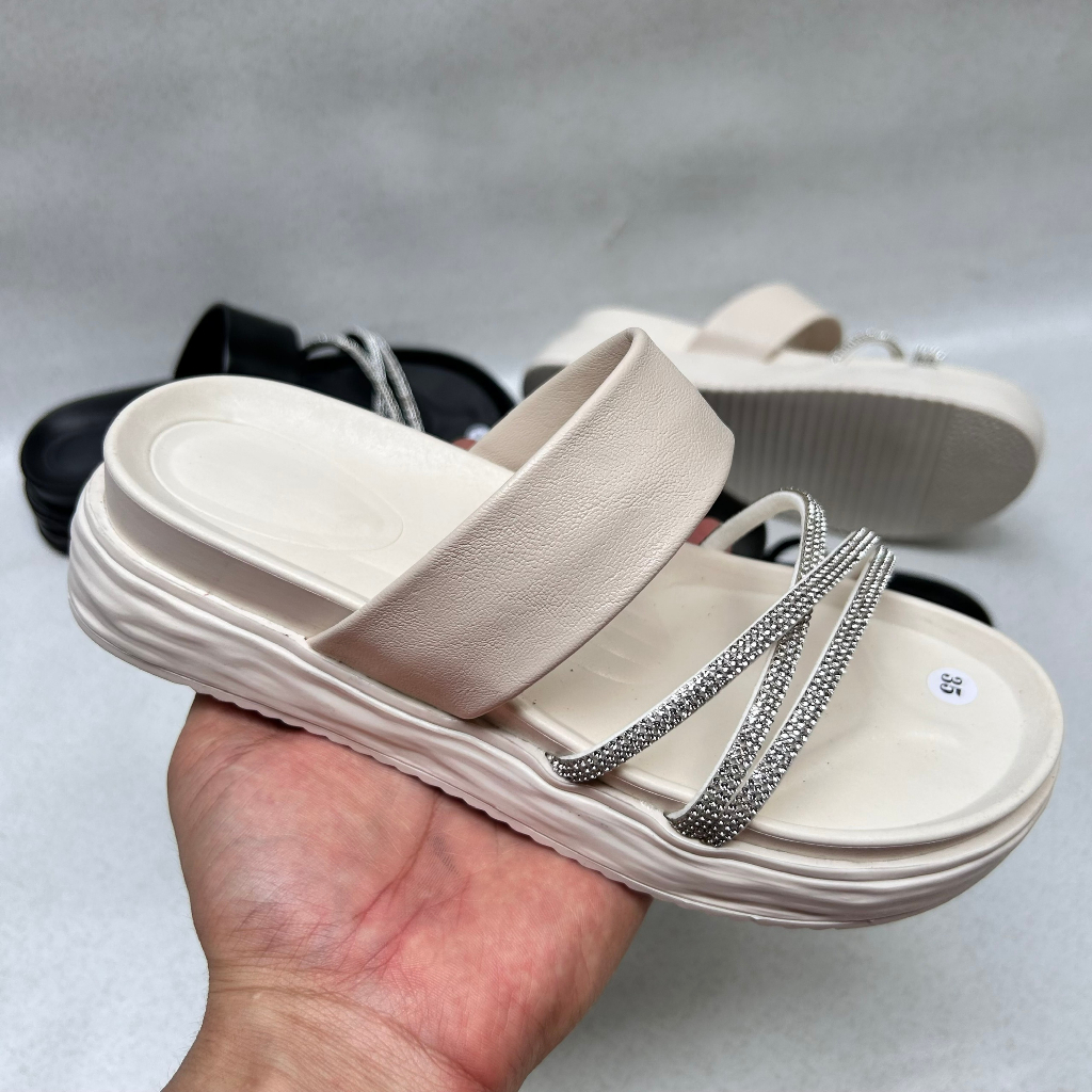 Dép Sandal quai ngang da phối đá chéo cao 5 phân mẫu mới hót trend