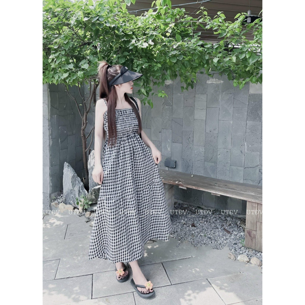 Váy xốp kẻ caro maxi chun ngực dáng xoè dài - Anna.Store
