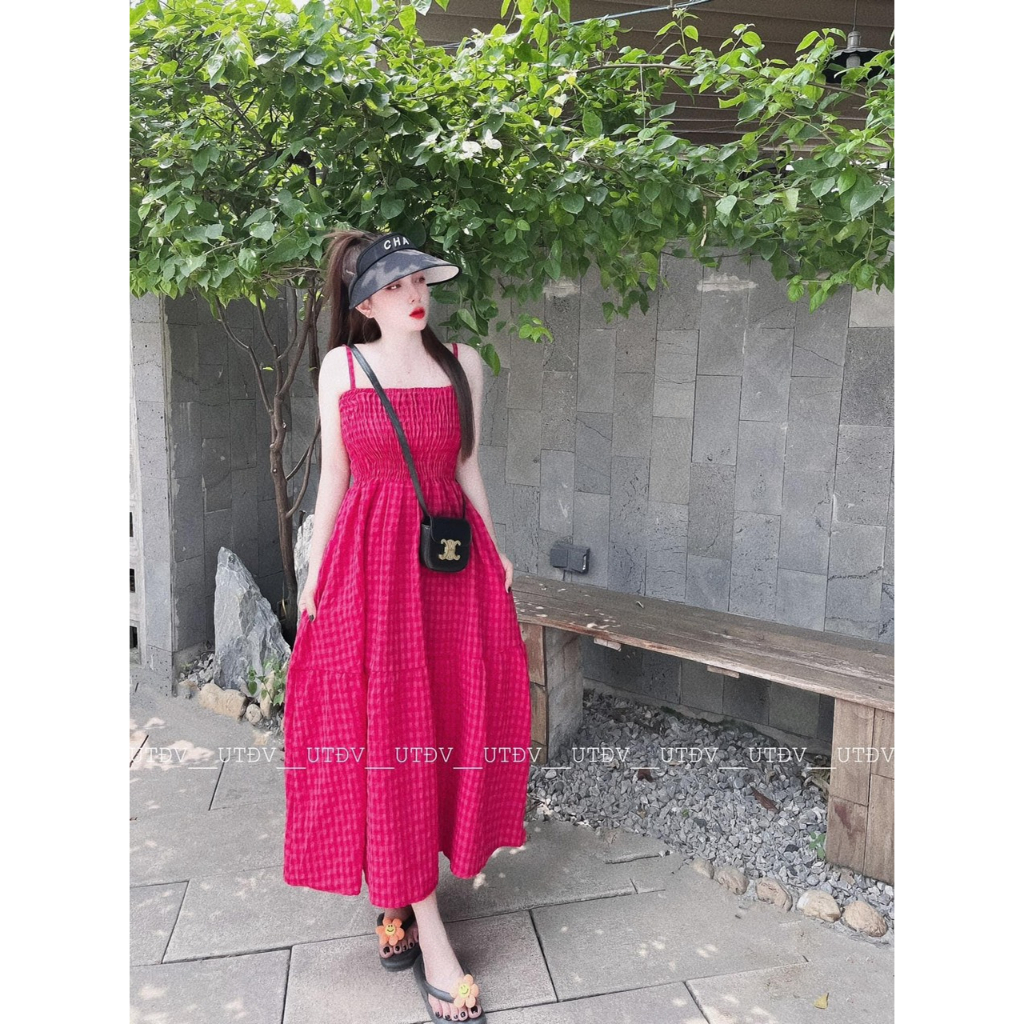 Váy xốp kẻ caro maxi chun ngực dáng xoè dài - Anna.Store