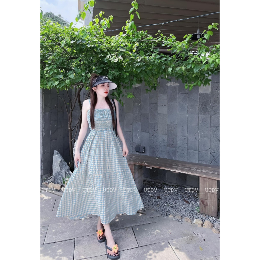 Váy xốp kẻ caro maxi chun ngực dáng xoè dài - Anna.Store