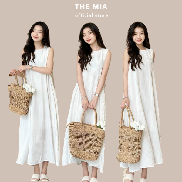 Váy đầm babydoll sát nách đi biển dáng dài chất vải đũi gân sóng cổ tròn VBGS1368