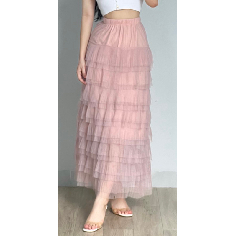 Set áo tay ngắn trắng và chân váy tầng công chúa siêu tiểu thư hai lớp dày dặn