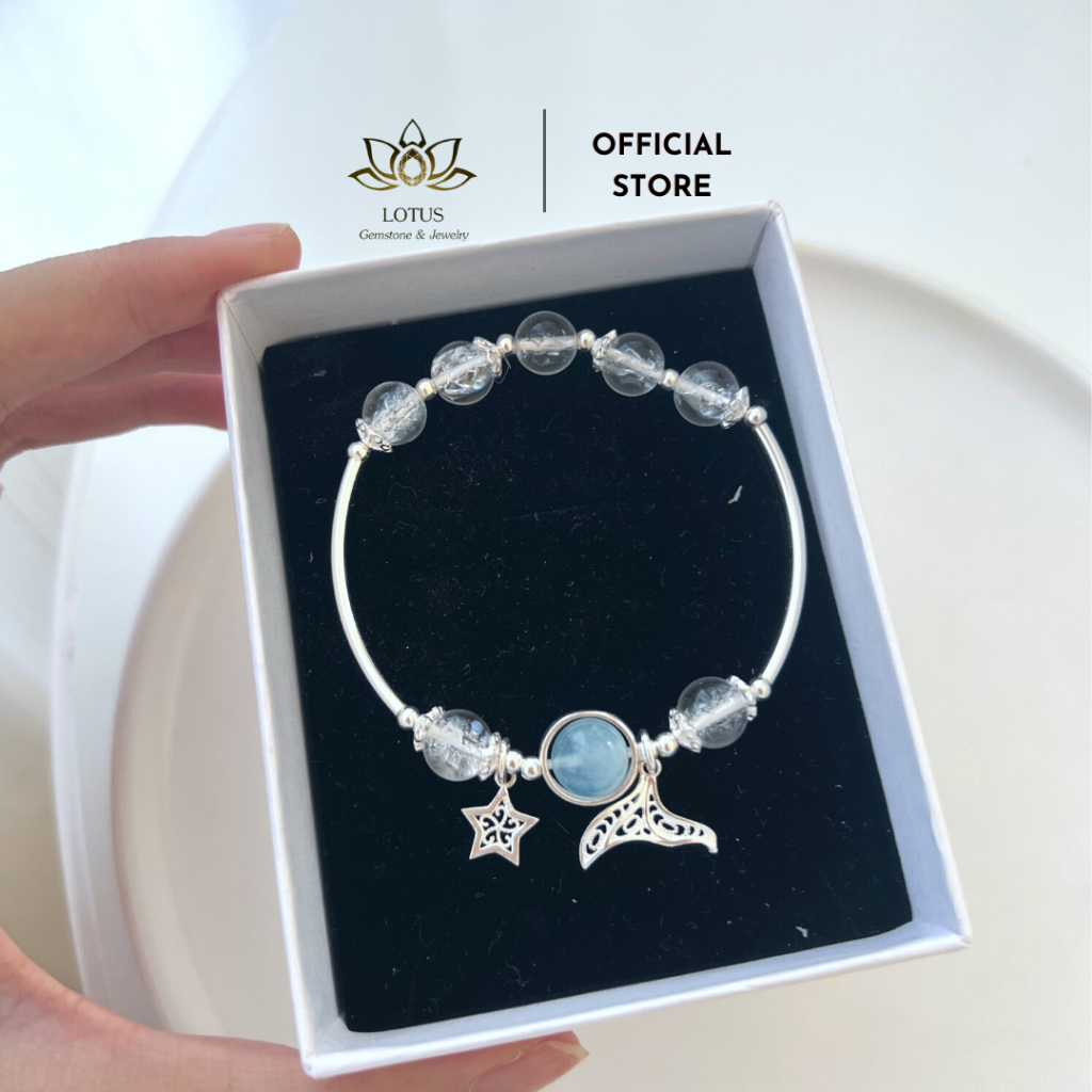 Vòng tay bạc S925 hạt đá phong thủy Aquamarine Lotus Jewelry