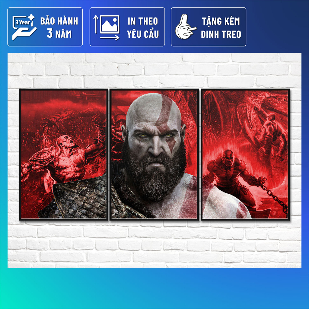 Bộ 3 Tranh treo tường game GOD OF WAR kèm khung composite VIRTY Tranh Canvas decor phòng ngủ, phòng làm việc