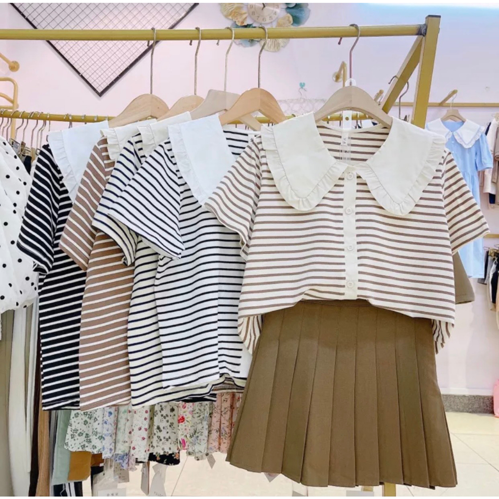 Áo polo Ngắn Tay Cổ Bèo Vải cotton Họa Tiết Kẻ Sọc Phong Cách Hàn Quốc