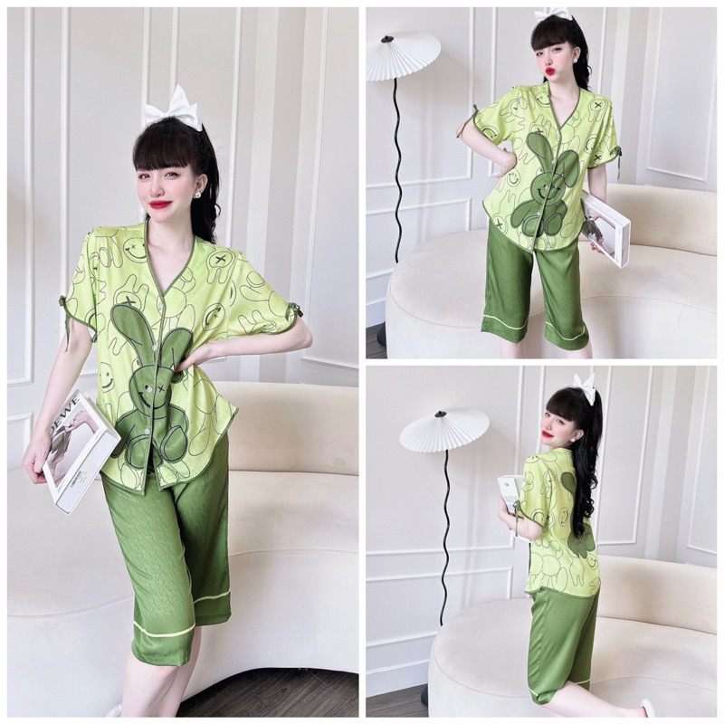 SP_117 Đồ bộ pijama BOLOBALA mặc nhà quần lửng áo tay ngắn cột nơ chất lụa xước, cổ V rất dễ thương