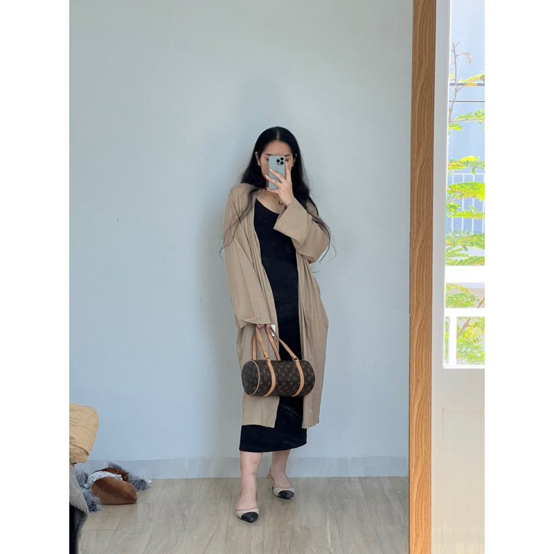 Cardigan dài màu beige sang trọng chất cotton pha linen