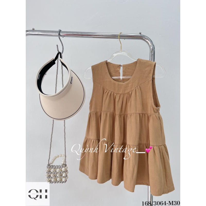 3064 Áo babydoll cổ tròn sát nách xòe tầng Quỳnh vintage