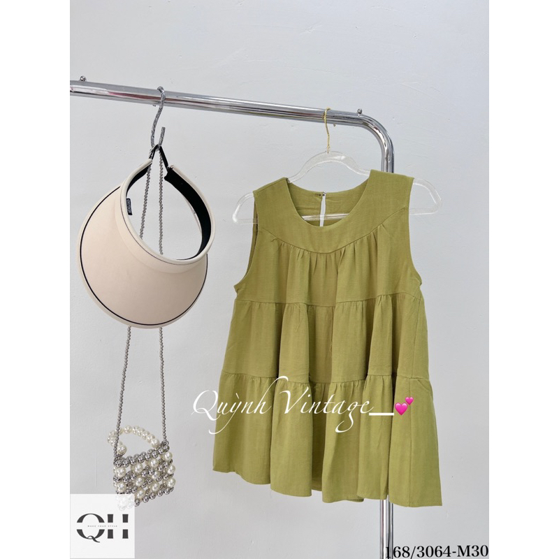 3064 Áo babydoll cổ tròn sát nách xòe tầng Quỳnh vintage