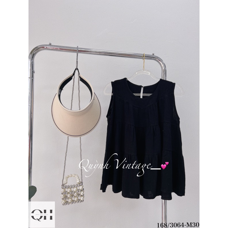 3064 Áo babydoll cổ tròn sát nách xòe tầng Quỳnh vintage