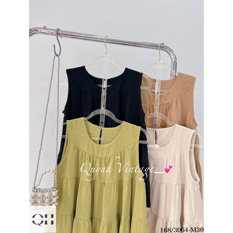 3064 Áo babydoll cổ tròn sát nách xòe tầng Quỳnh vintage