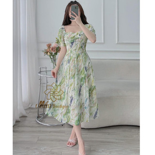 ĐẦM MIDI HOA VOAN TƠ XẾP LY NGỰC (ẢNH VÀ VIDEO THẬT)