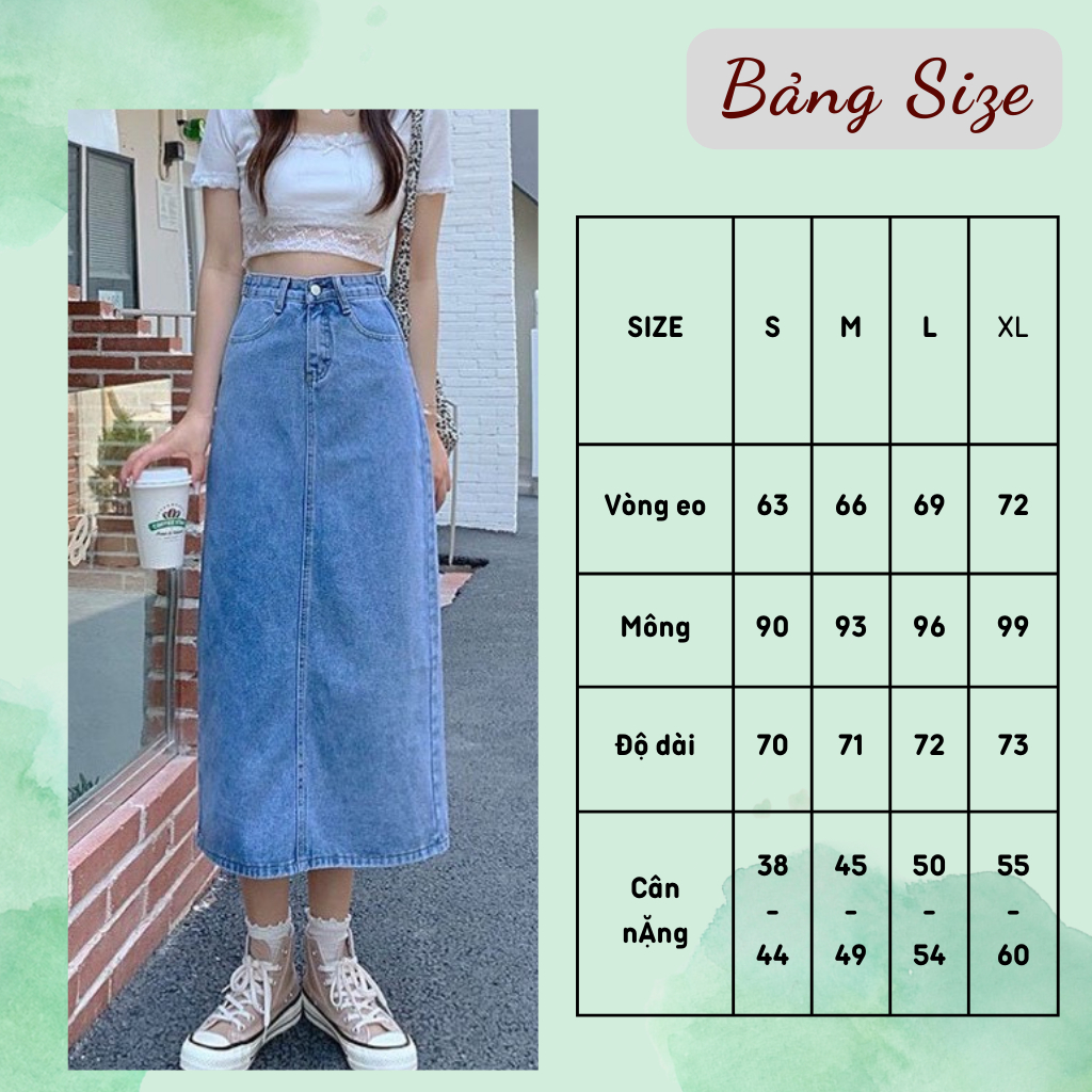 Chân váy jean công sở, chân váy bò jean dáng dài Midi qua gối. lưng cao màu xanh nhạt siêu xinh