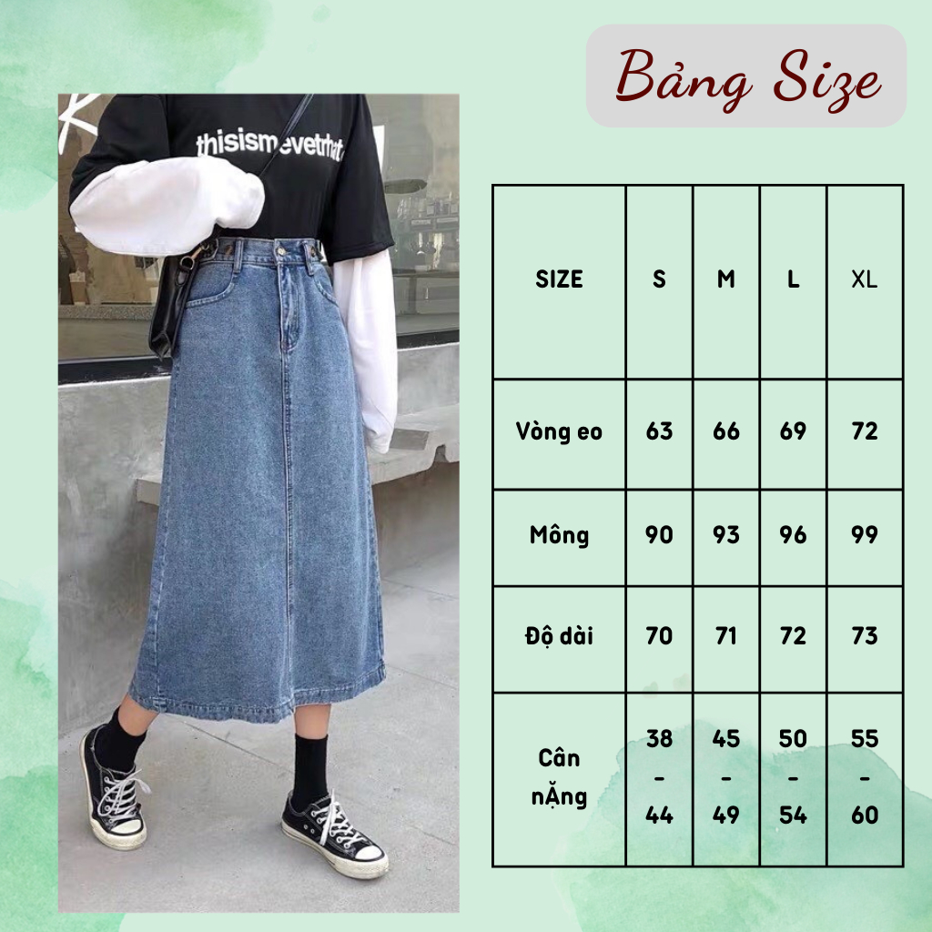 Chân Váy bò dáng dài qua gối, chân váy jean dáng dài Midi xẻ tà sau phối nút eo siêu thời trang