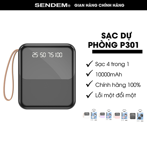 Sạc Dự Phòng Sendem P301 10000mAh Tích Hợp Sẵn Cáp Sạc, Có Led Báo Phần Trăm Pin, Màu Sắc Đa Dạng, Trẻ Trung P301
