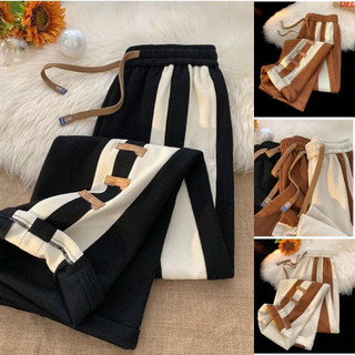 Quần dài 3tag - hinata97_shop - Quần ống suông phối sọc rộng chất vải tổ ong mặc đi học, đi chơi, thể dục