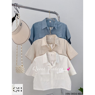 3034-Áo sơ mi ngắn tay croptop 2 túi nắp Quỳnh vintage