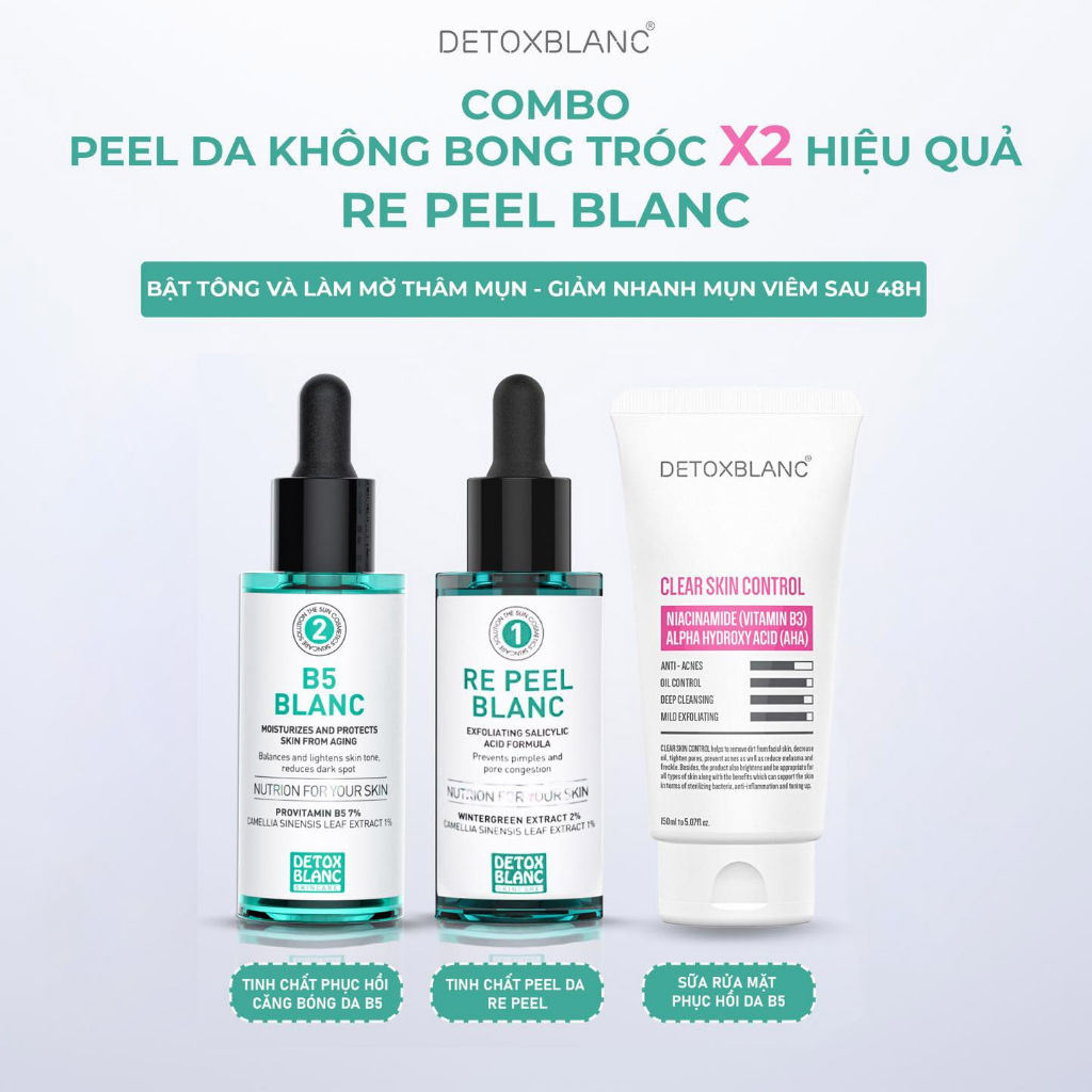 Combo Serum Re Peel & B5 tặng sữa rửa mặt - Peel da tại nhà không bong tróc cho da mụn, nám, sạm - Dưỡng trắng căng mịn